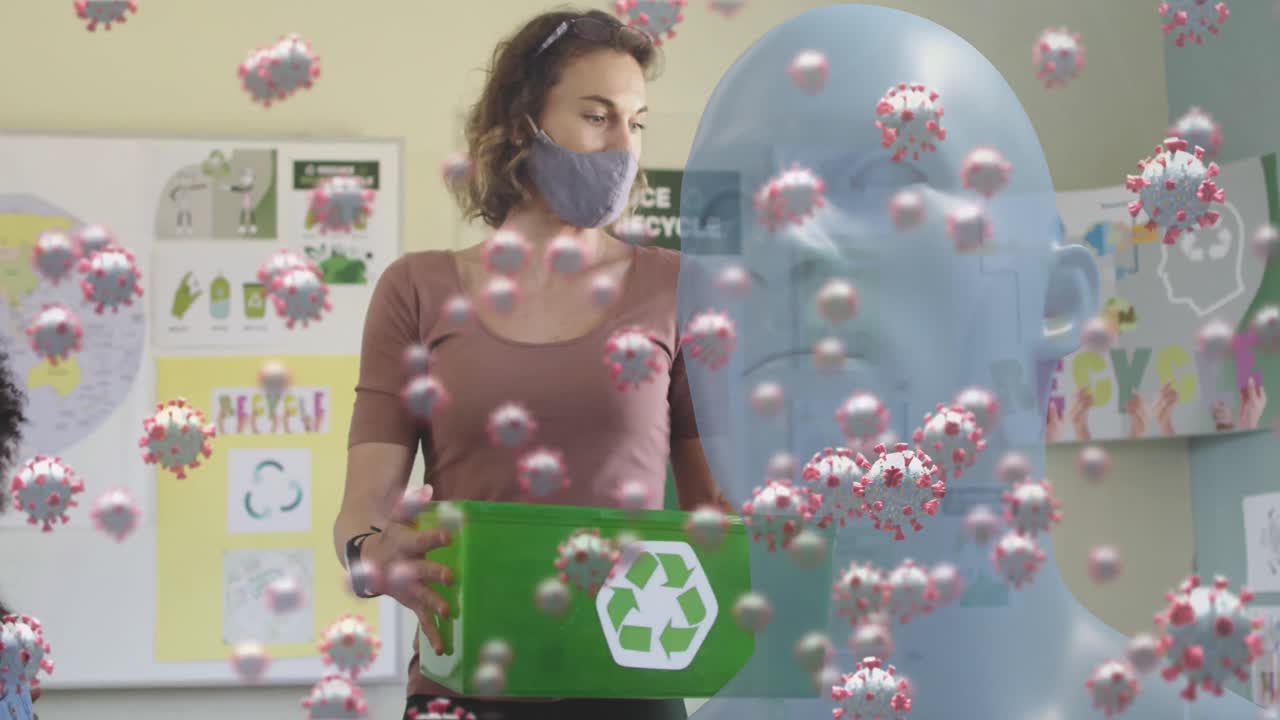 animación de un modelo de cabeza de células de covid-19 sobre una maestra y niños con máscaras faciales