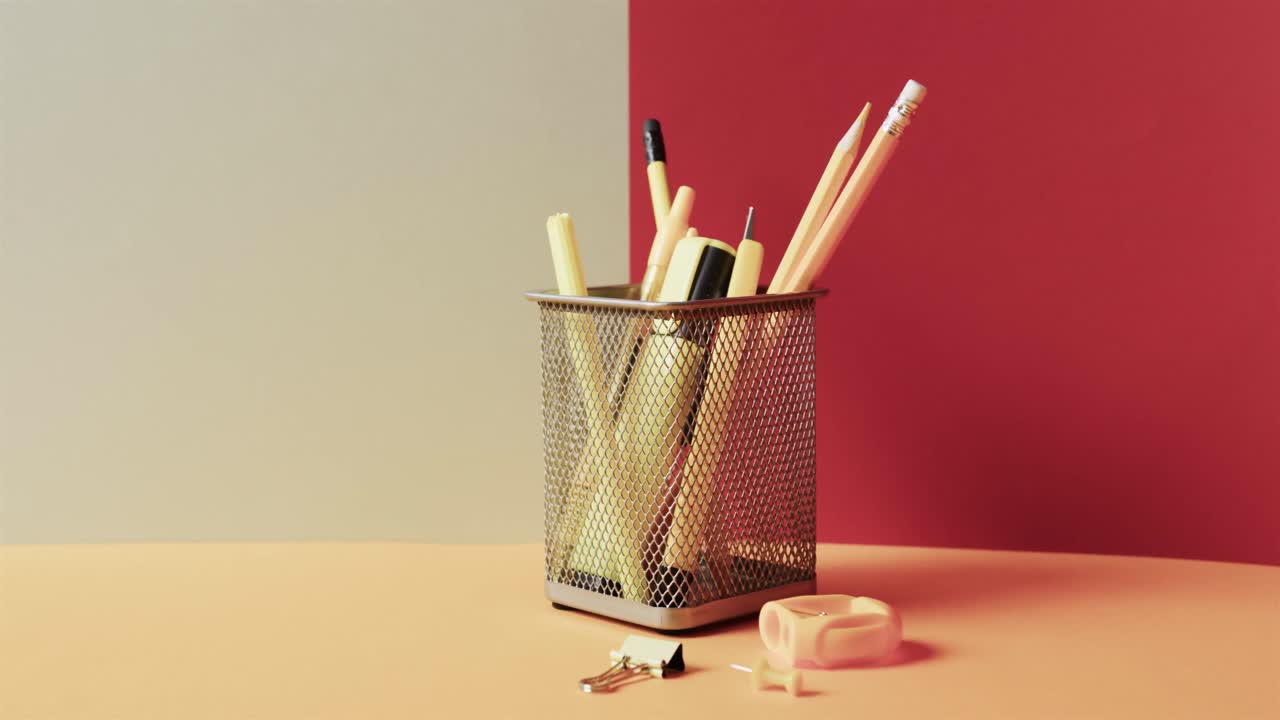 primer plano de papelería escolar en taza con espacio de copia en fondo gris y rojo, en cámara lenta