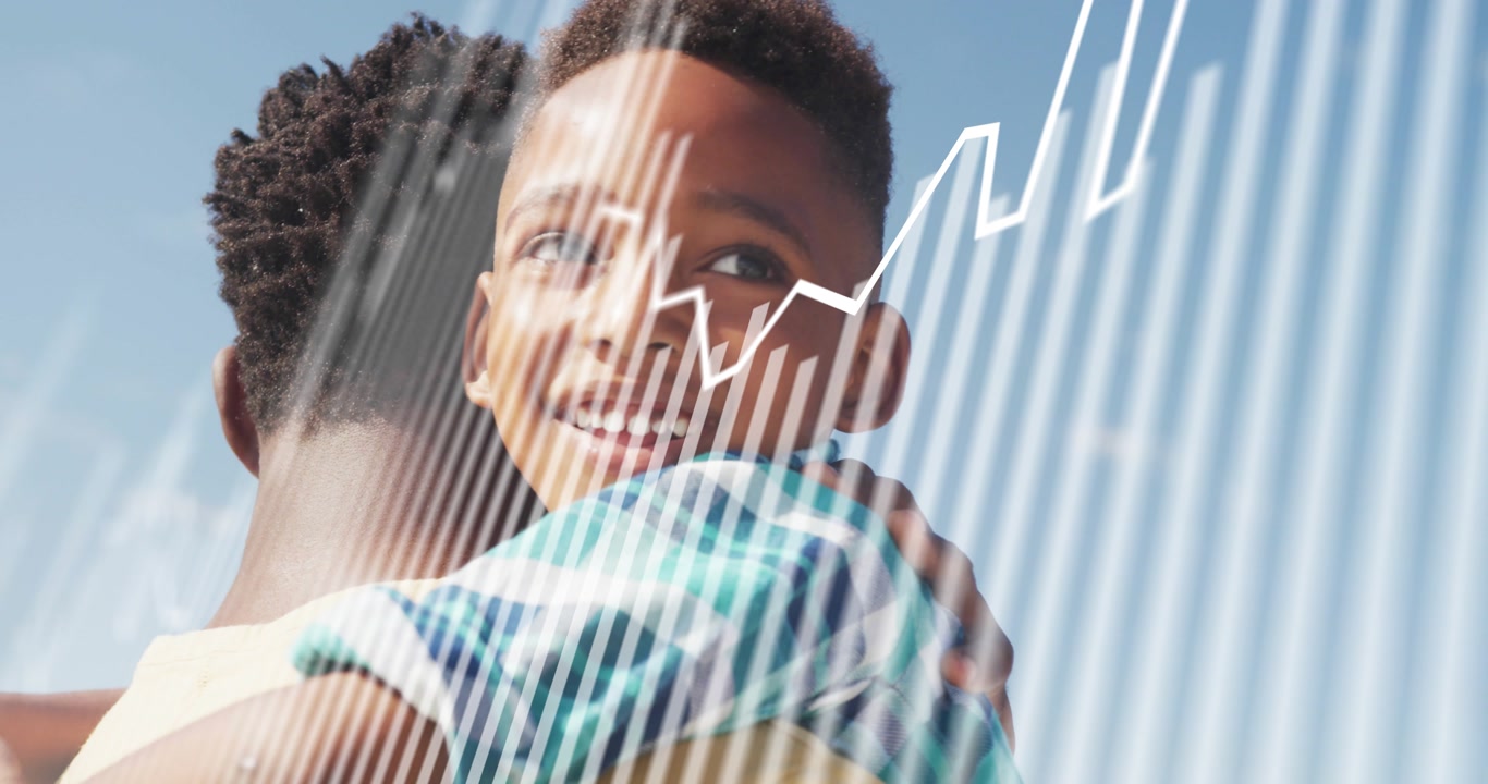 Dad holding son beach turning smiling as diagonal stripes overlaying biz graph animating for ads