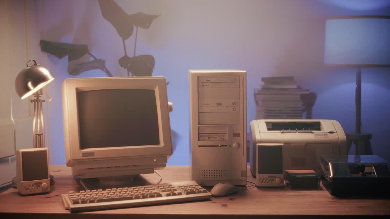 Retro pc computer gaming, Desktop vintage with loading code console, programmer making scripts, green basic screen, Old computer studio close-up, retro wave display, late 90s PC.