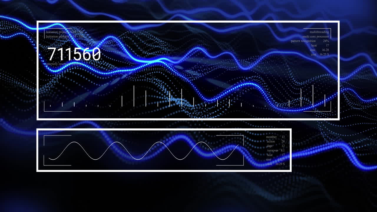 Blue waveforms and numerical data animation over digital landscape background