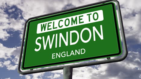 Willkommen-In-Swindon,-England,-Großbritannien,-Stadtstraßenschild,-Realistische-3D-Animation