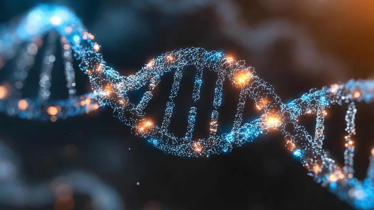 Una visualizzazione complessa di strutture del DNA illuminate con particelle vibranti ed effetti di luce, che mostra la complessità delle informazioni genetiche e la loro importanza nella vita.