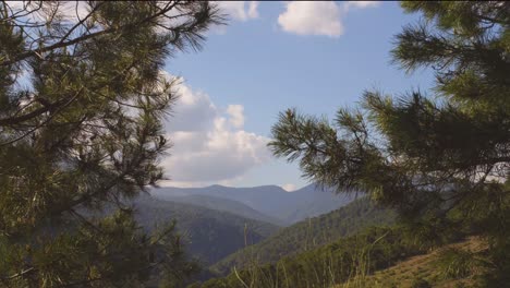 Lapso-De-Tiempo-En-Las-Montañas-Con-Colinas-Llenas-De-Pinos