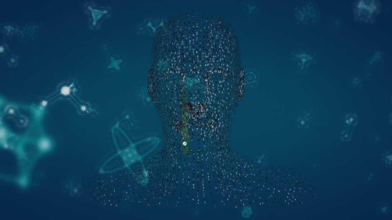 Animation of molecules floating over human head model and navy background