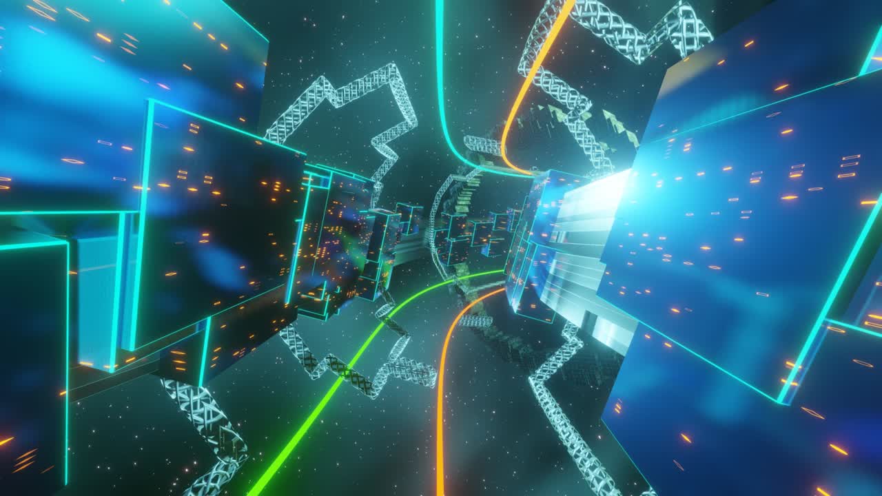 와이어프레임은 파란색 오렌지색의 추상적인 터널입니다.