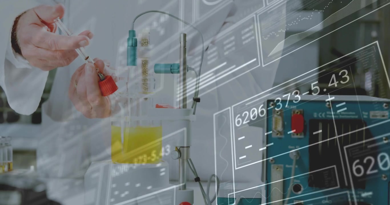 Lab tech initiating test by drawing from red-capped vial, wiring instrument and recording waveform