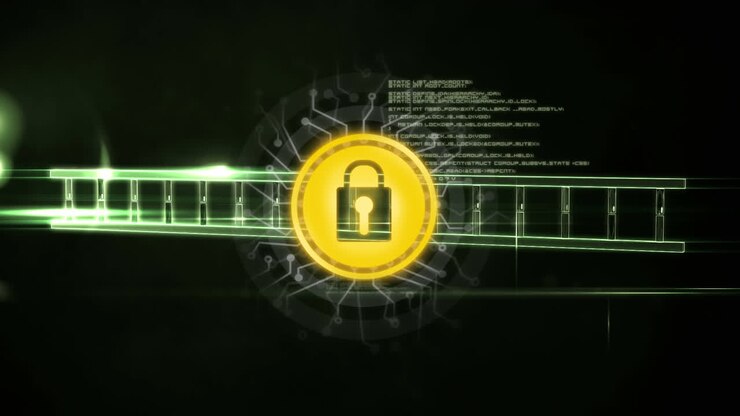 Animation of dna strand and network of connections with online security padlock over dark background