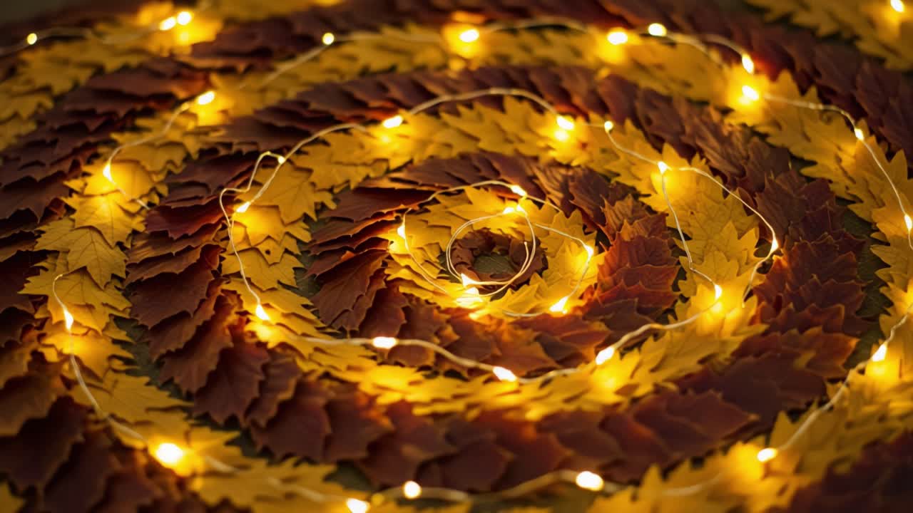 A Spiral of Autumn Leaves Illuminated with Warm Fairy Lights, Creating a Cozy and Inviting Atmosphere Perfect for Seasonal Decor and Celebrations