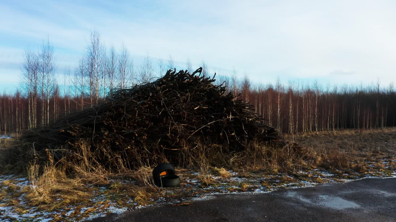 montón de material de reciclaje de madera cerca de un bosque rural de árboles desnudos en letonia