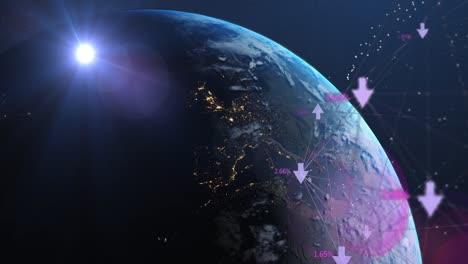animatie van de wereldbol van het netwerk van verbindingen over de aarde in het universum op blauwe achtergrond