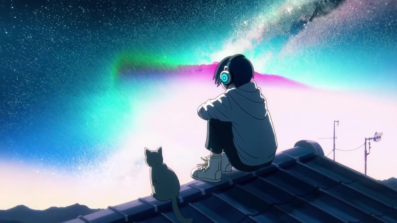 Personaggio anime e gatto che osservano l'aurora boreale da un tetto di notte