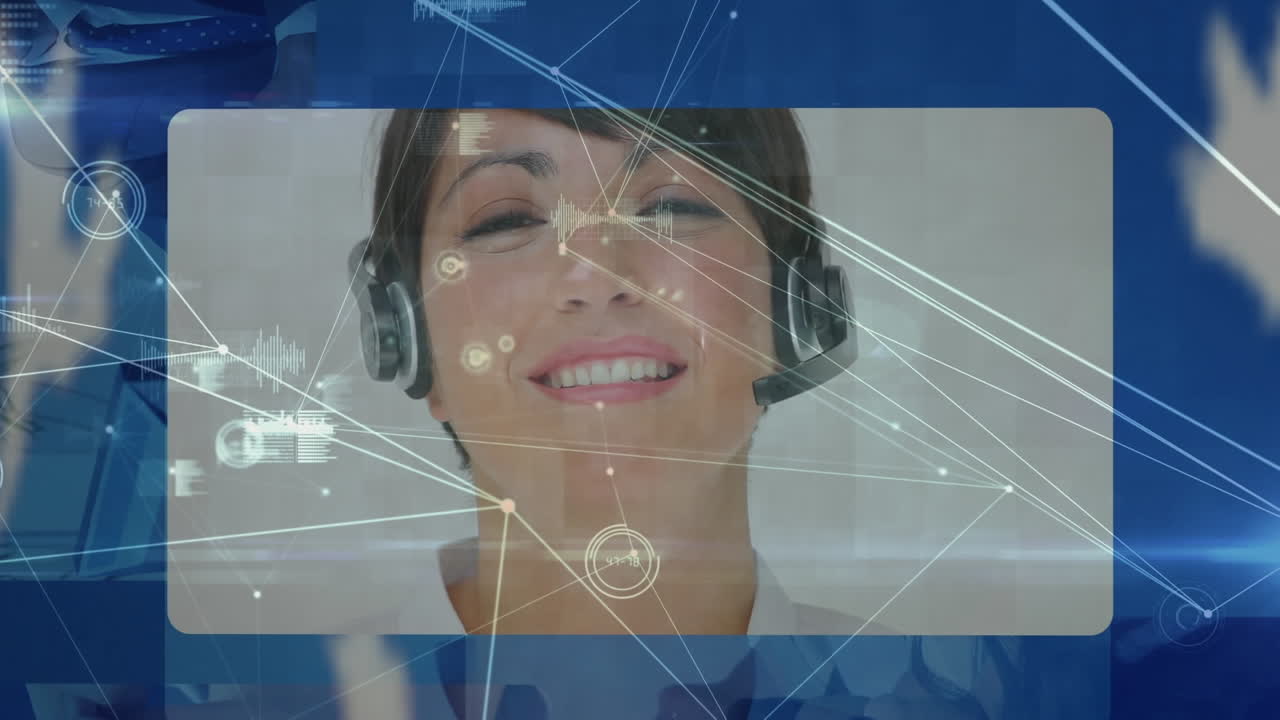 animación de la red de conexiones y el mundo sobre la gente de negocios usando auriculares de teléfono