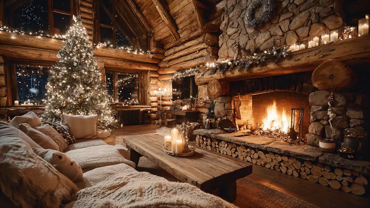 Cozy Winter Retreat: A Stunning Log Cabin Living Room Decorated for the Holidays with a Beautiful Christmas Tree, Glowing Fireplace, and Warm Ambient Lights