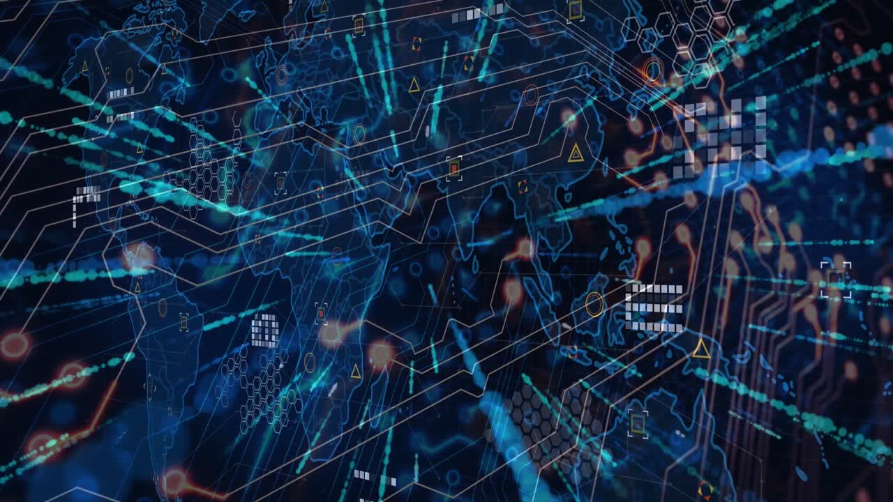 Animation of flying abstract pattern and digital world map over circuit board pattern in background