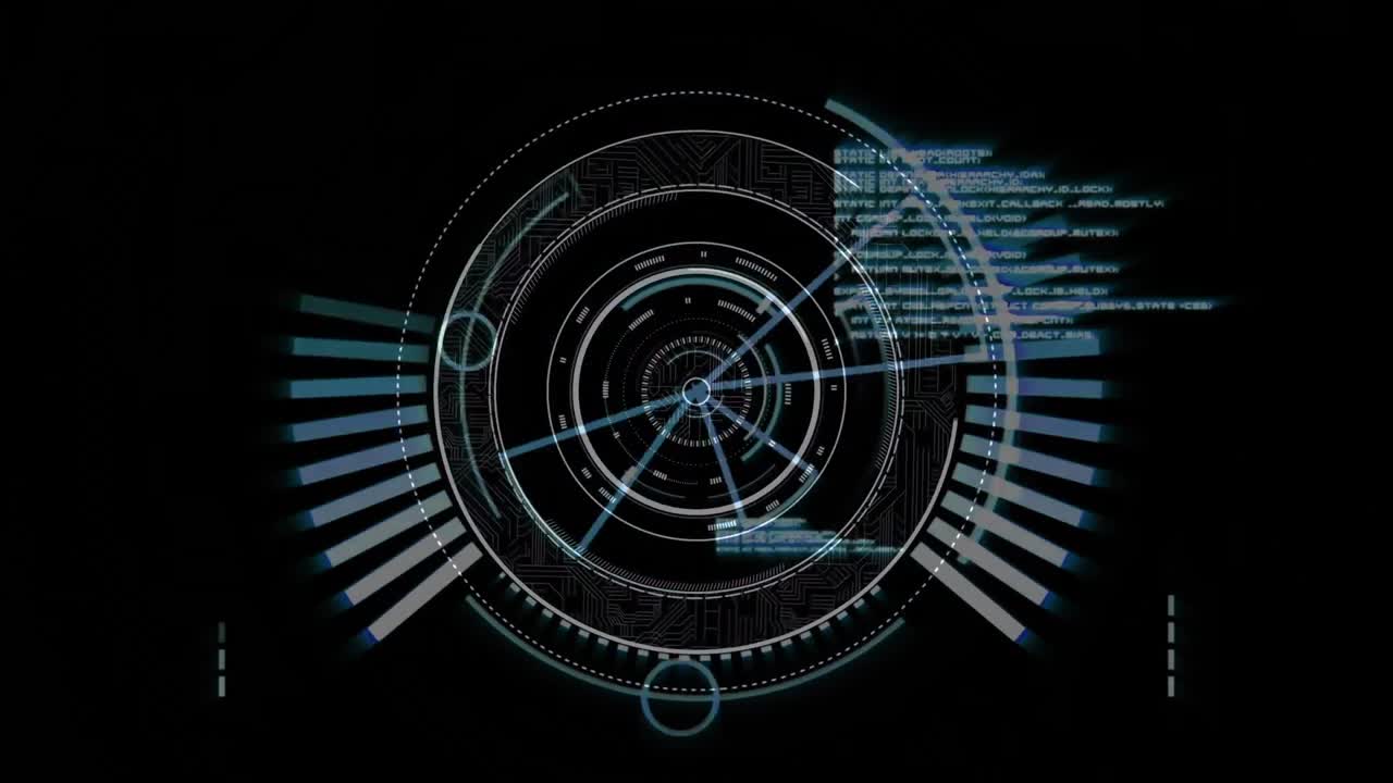 animación de líneas que se mueven en círculos de carga sobre lenguaje informático contra un fondo negro