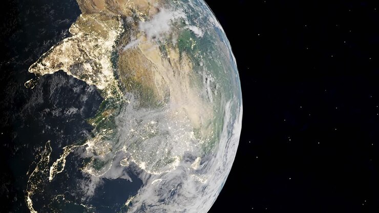 Terra vista do espaço com luzes noturnas sobre a Índia, ilustração 3D, vertical