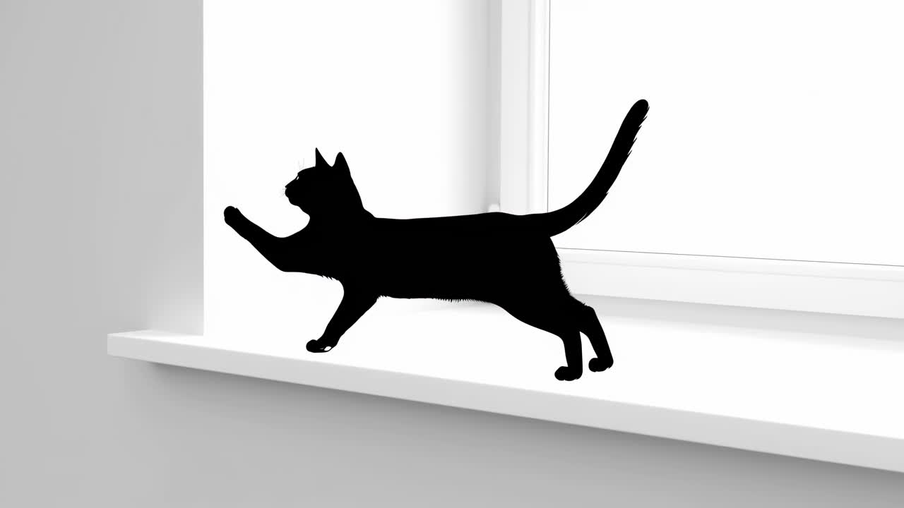 Black Cat Leaping On Window Sill, Stalking Then Pouncing And Sliding Across White Sill Under Bright Window