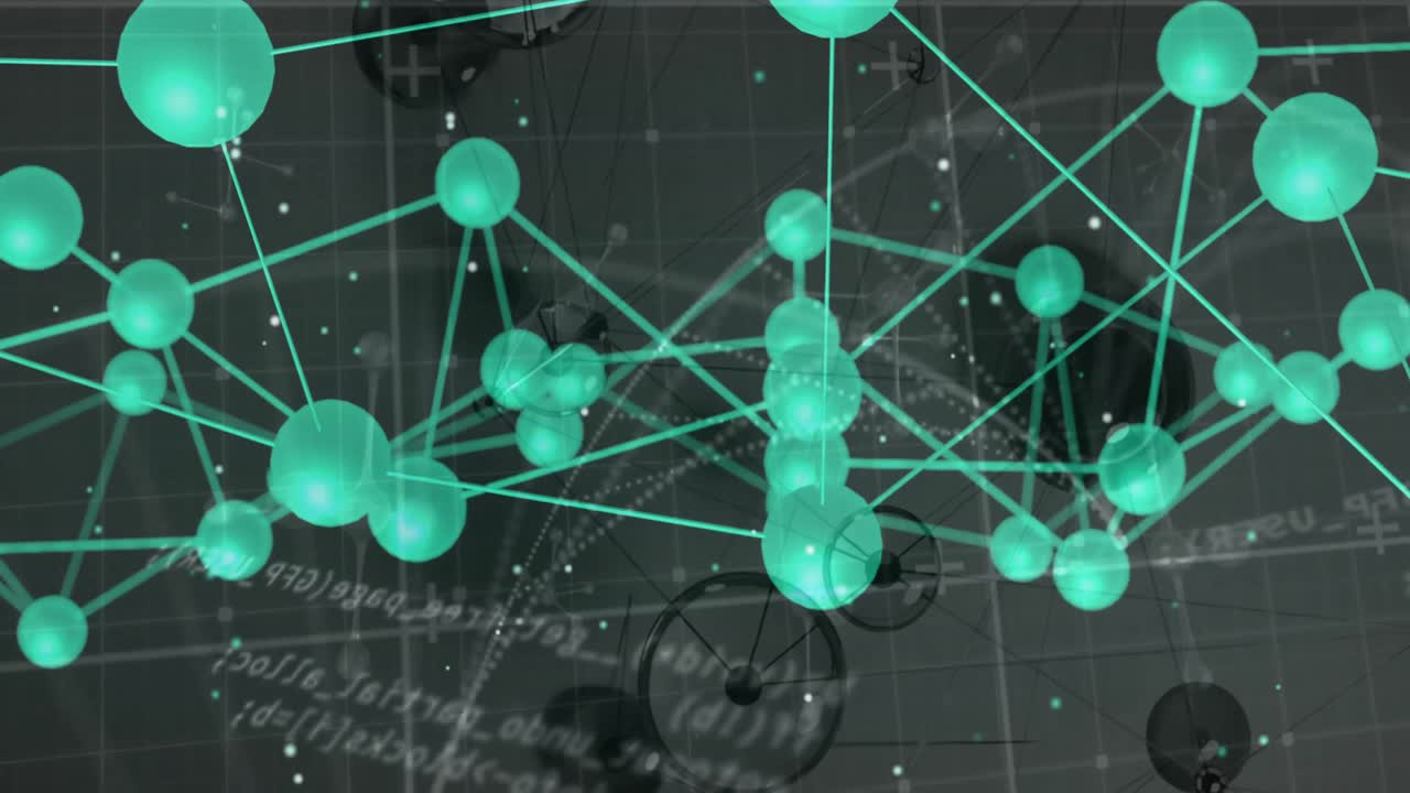 on opening 3D network rotating, pulsing glowing spheres and revealing links to visualize structure