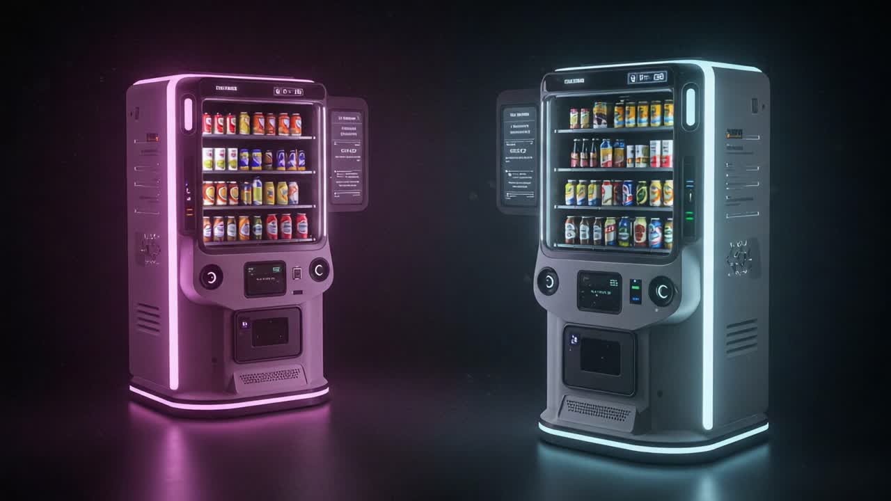 Innovative Dual-Color Vending Machines Displaying a Diverse Range of Snacks and Beverages in a Futuristic Retail Setup for Modern Convenience