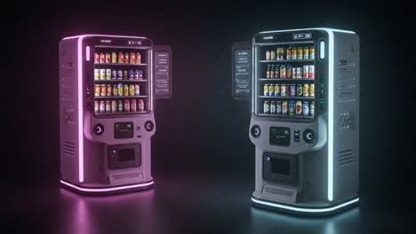 innovative dual-color vending machines displaying a diverse range of snacks and beverages in a futuristic retail setup for modern convenience