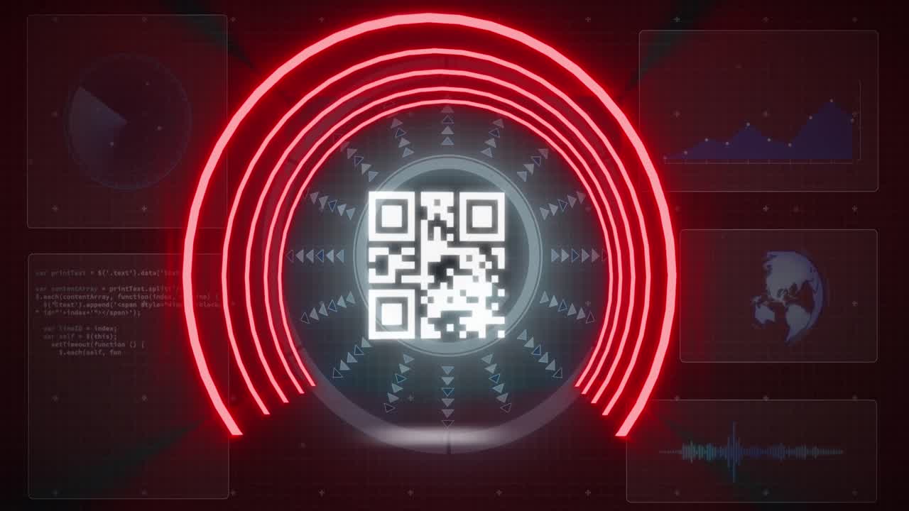 animación del código gr y el procesamiento de datos en pantalla digital.