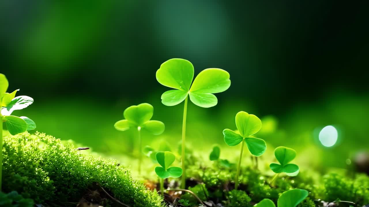 Soft sunlight filtering through forest canopy gently illuminating lush green clovers growing on vibrant moss covered ground, showcasing delicate natural beauty and serene woodland ecosystem