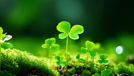 soft sunlight filtering through forest canopy gently illuminating lush green clovers growing on vibrant moss covered ground, showcasing delicate natural beauty and serene woodland ecosystem