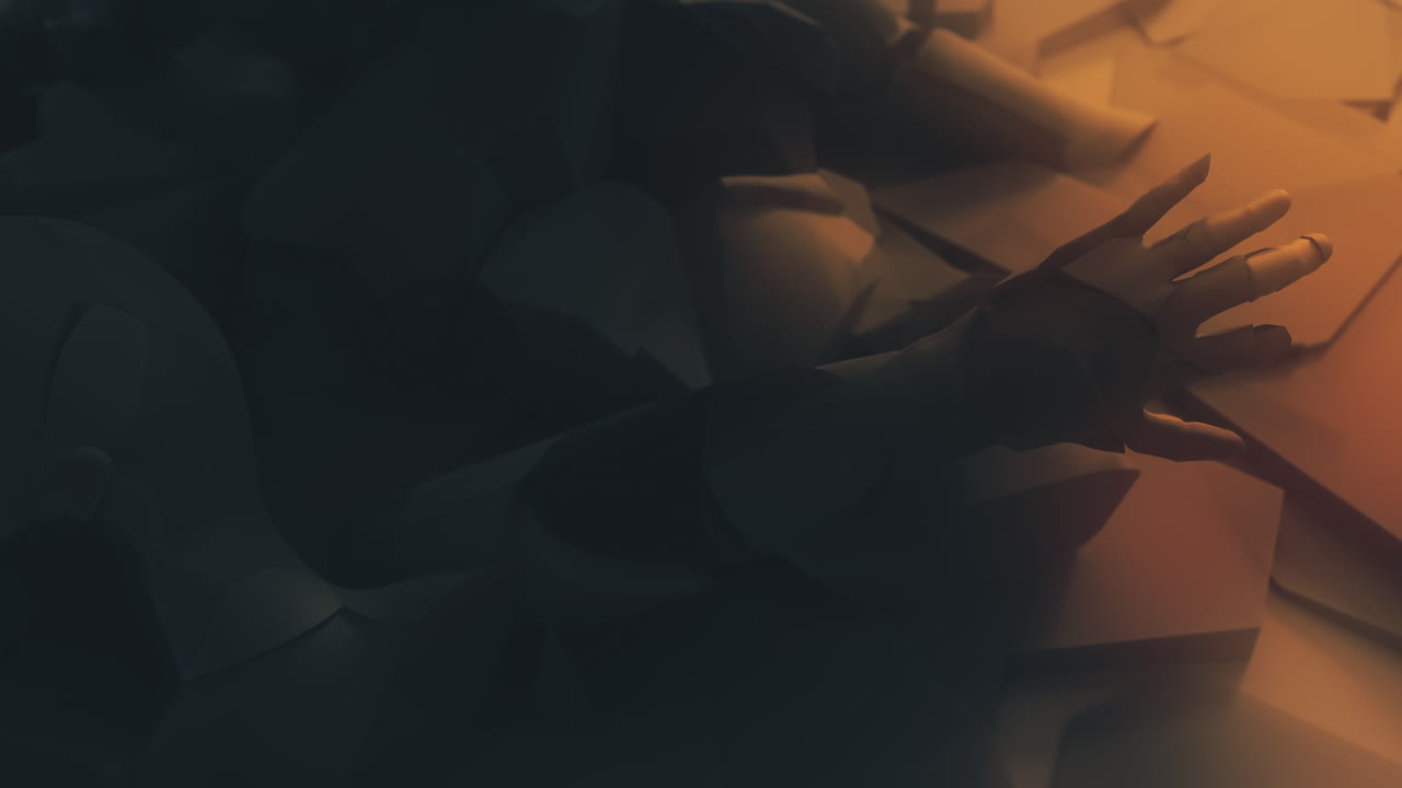 Destroyed andorids on a junkyard in yellow light