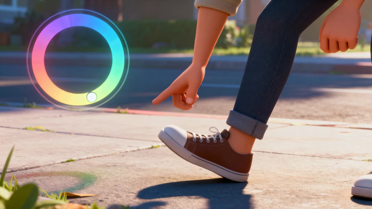 Percebendo roda de cores, adolescente com jeans dobrados se curvando, beliscando broto em calçada suburbana perto do sapato.