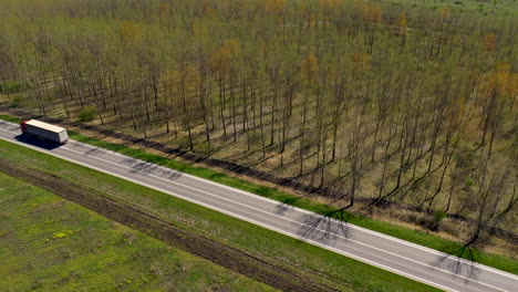 semirremolque conduciendo por la carretera a través del paisaje boscoso, punto de vista de drones