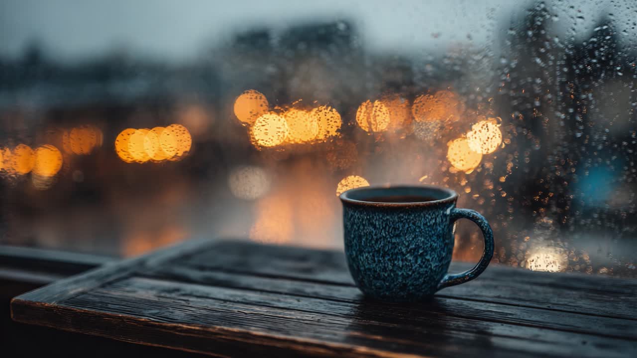 Un momento accogliente: catturare la serenità di una tazza blu in una scena piovosa, con le luci soffuse e sfocate della città che scintillano attraverso una finestra punteggiata di gocce d'acqua