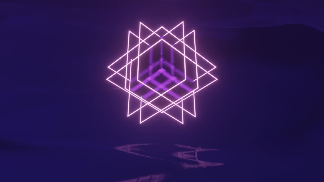 rectángulos brillantes de neón alrededor del cubo en un espacio negro con campo reflejado. bucle sin costuras animación simple en 3d con objeto brillante de neón