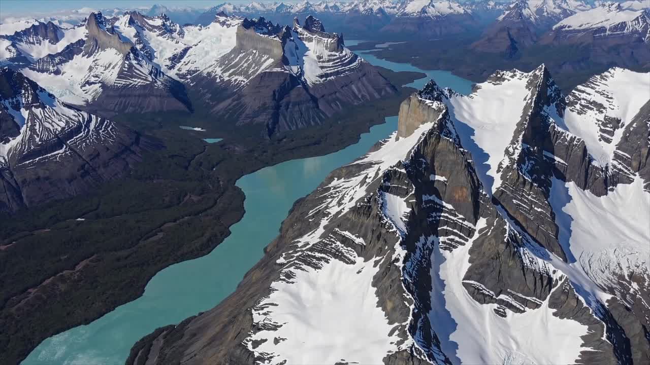CGI aerial drone view of Torres del Paine National Park, featuring snow-capped peaks and turquoise glacial lakes, showcasing the breathtaking wilderness of Patagonia, Chile.