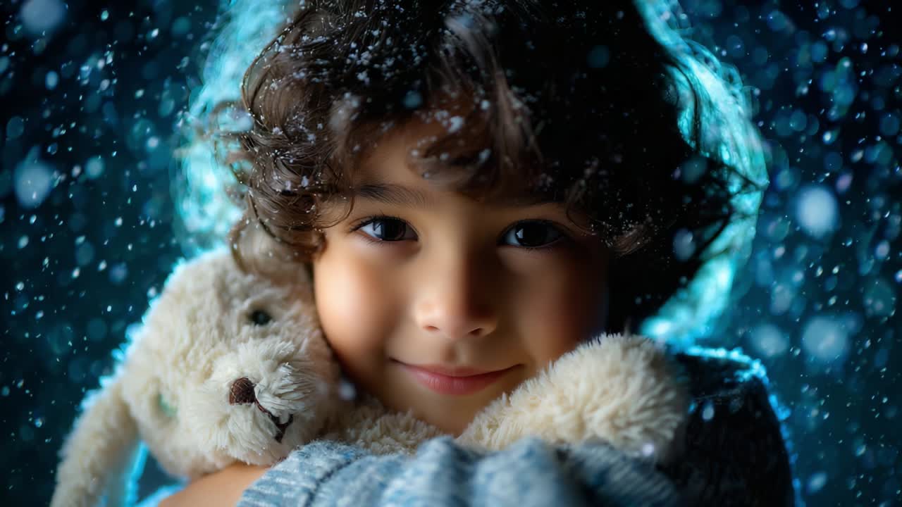 A Heartwarming Scene of a Young Child Embracing a Soft Toy in a Snowy Wonderland, Capturing the Innocence and Joy of Childhood Amidst a Magical Winter Background Filled with Snowflakes