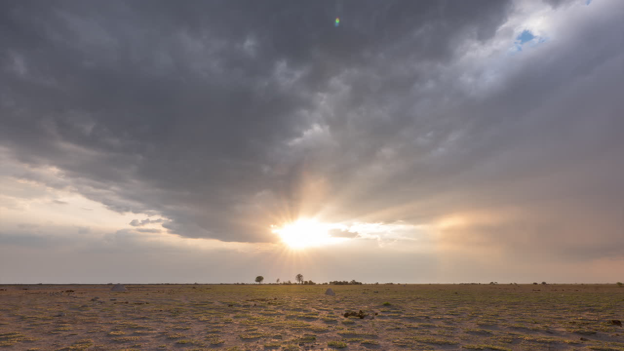 보츠와나 nxai pan 국립공원에 있는 아프리카 사막 평원에 검은 비구름이 모입니다.