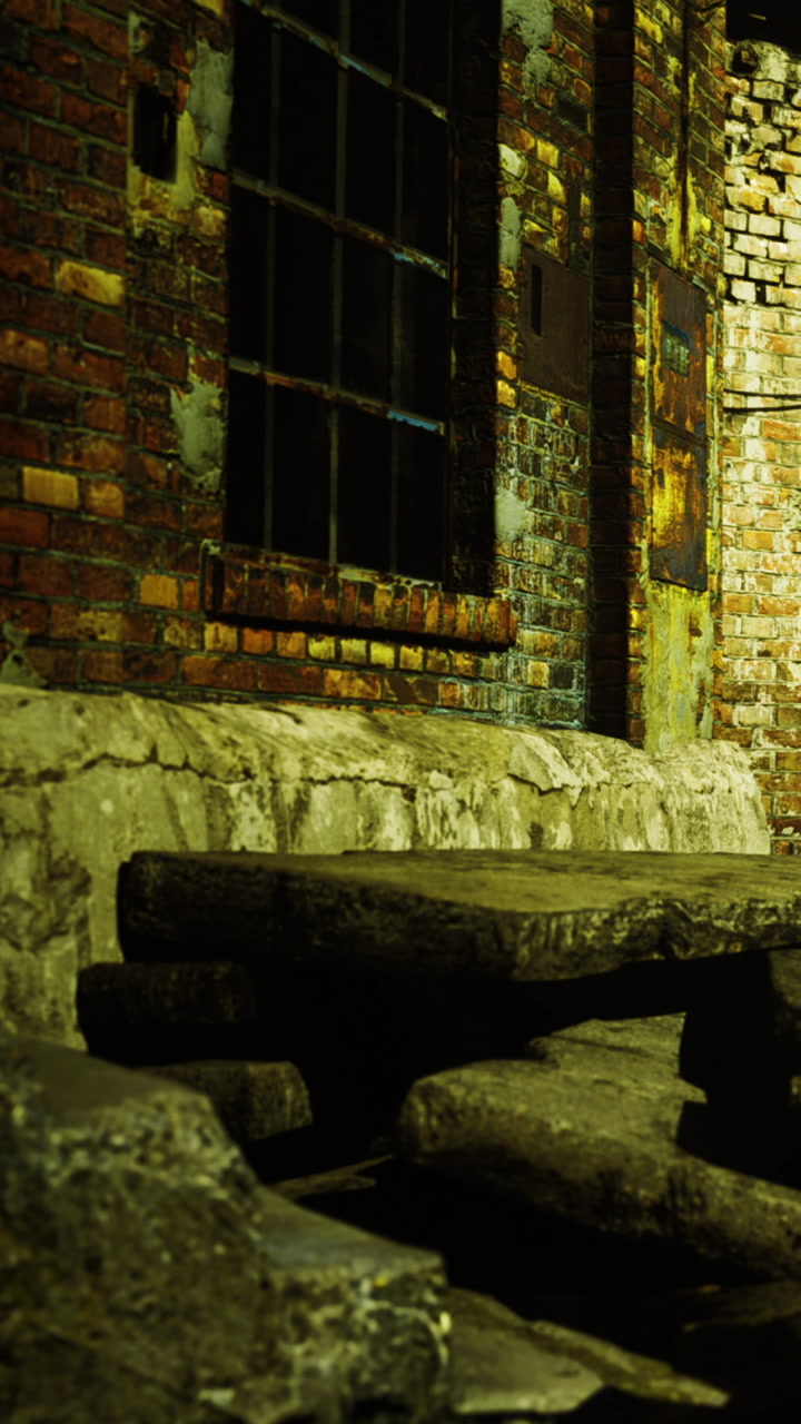 Old brick wall with bench and table at night in urban area