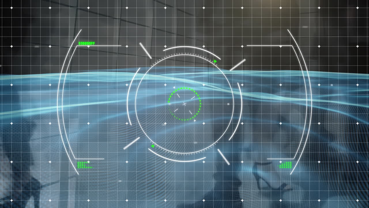 Animation of financial data processing over business people walking