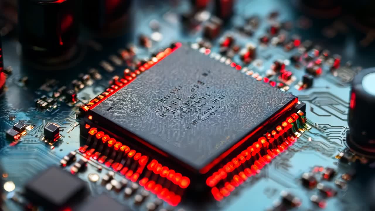 un primer plano de una placa base de computadora con luces rojas y azules
