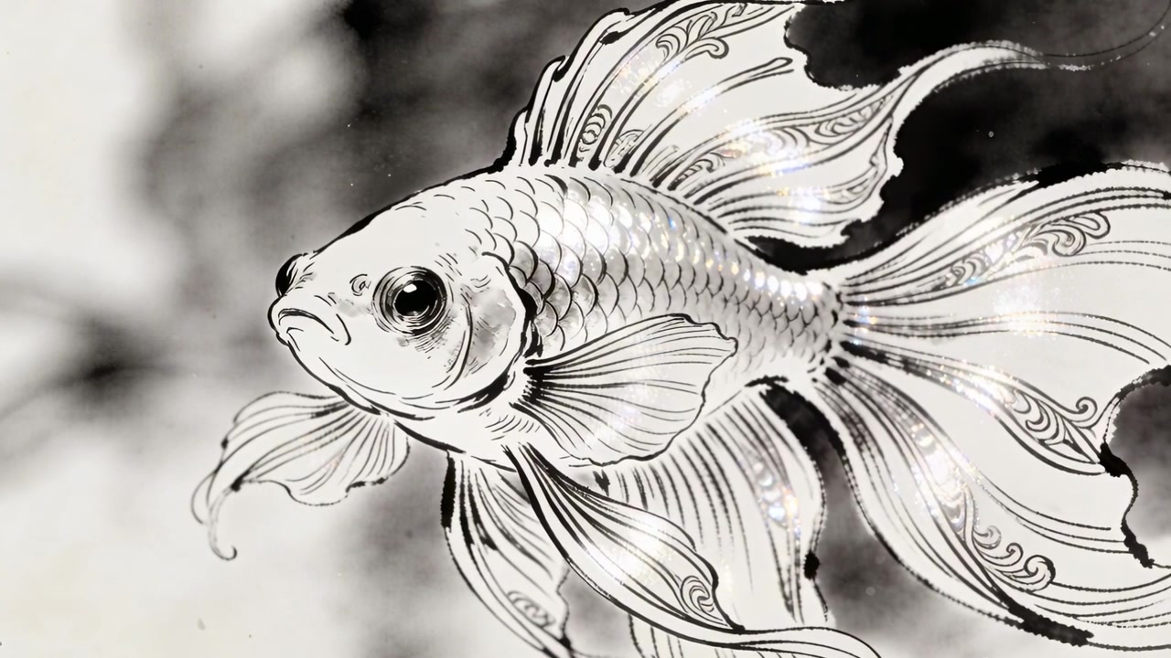 Pinne pettorali ondeggianti di un elaborato pesce rosso monocromatico che scivola in una scena in stile sumi-e con bagliori.