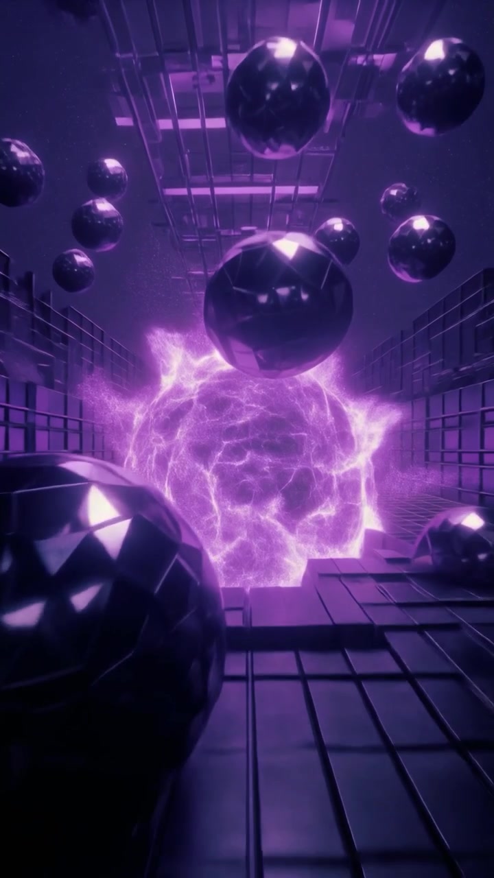Abstract 3D Animation of Floating Metallic Spheres and Glowing Purple Energy Core