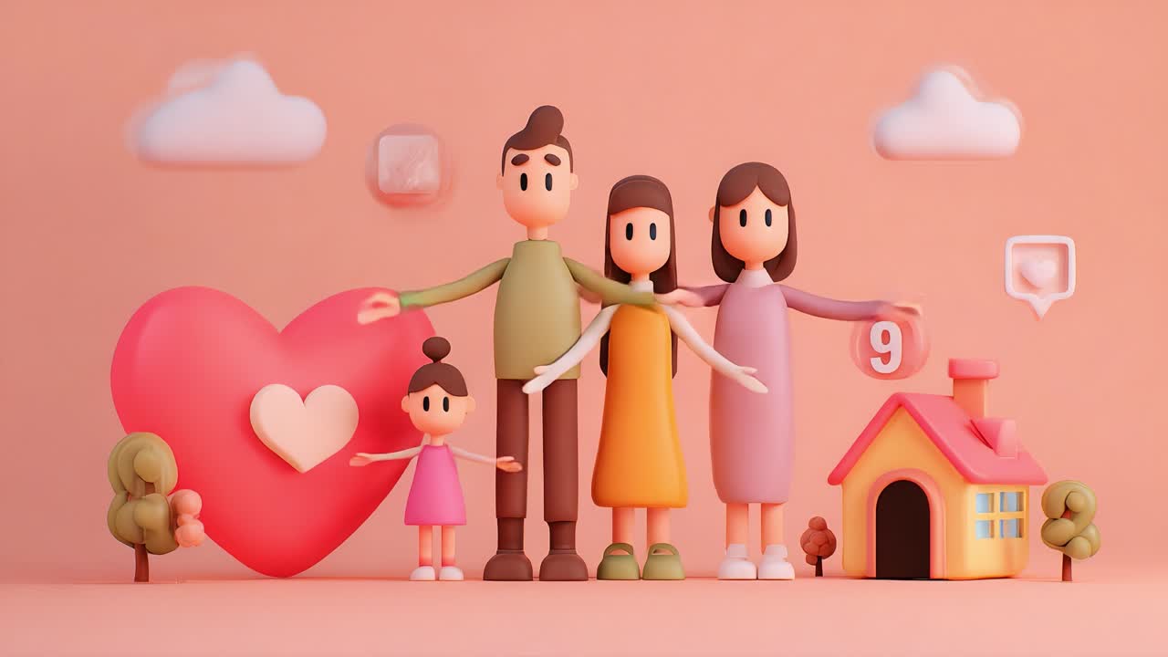 A cheerful family poses happily in a playful, colorful setting surrounded by a giant heart and a small house, capturing the essence of love and togetherness