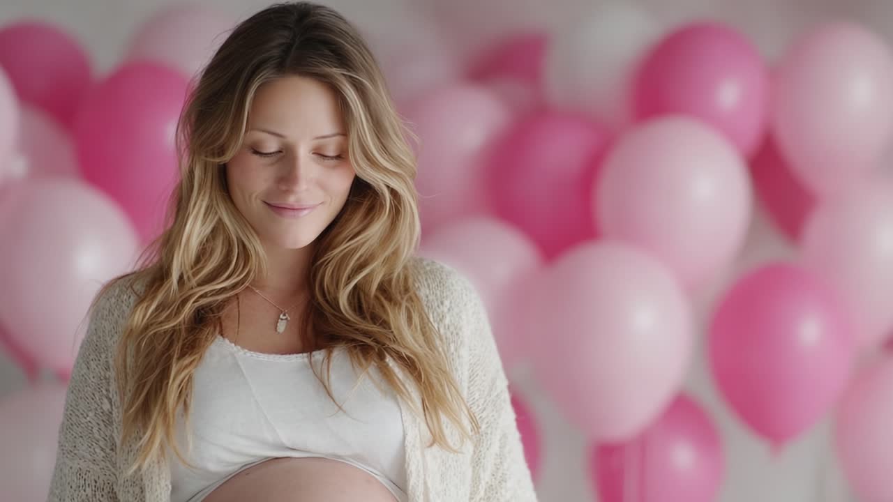 A Glimpse of Joy: A Radiant Expectant Mother Gazes Fondly at Her Growing Baby Bump Surrounded by Playful Pink Balloons, Celebrating the Anticipation of New Life