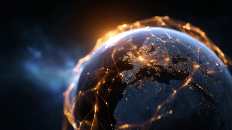 Een verbluffende weergave van de aarde met verlichte verbindingen die wereldwijde netwerken en geavanceerde technologie in een kosmische omgeving benadrukken