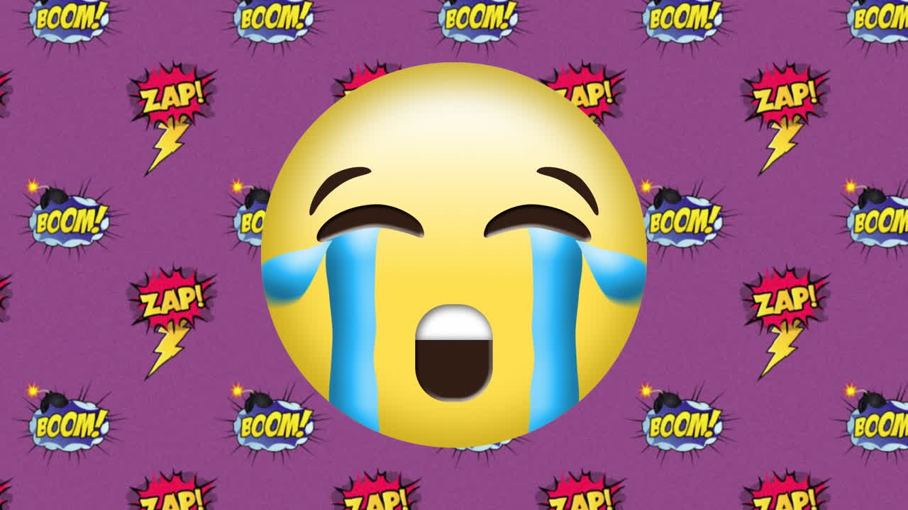 animación del icono de emoji sobre los iconos de la nube cómica sobre un fondo púrpura