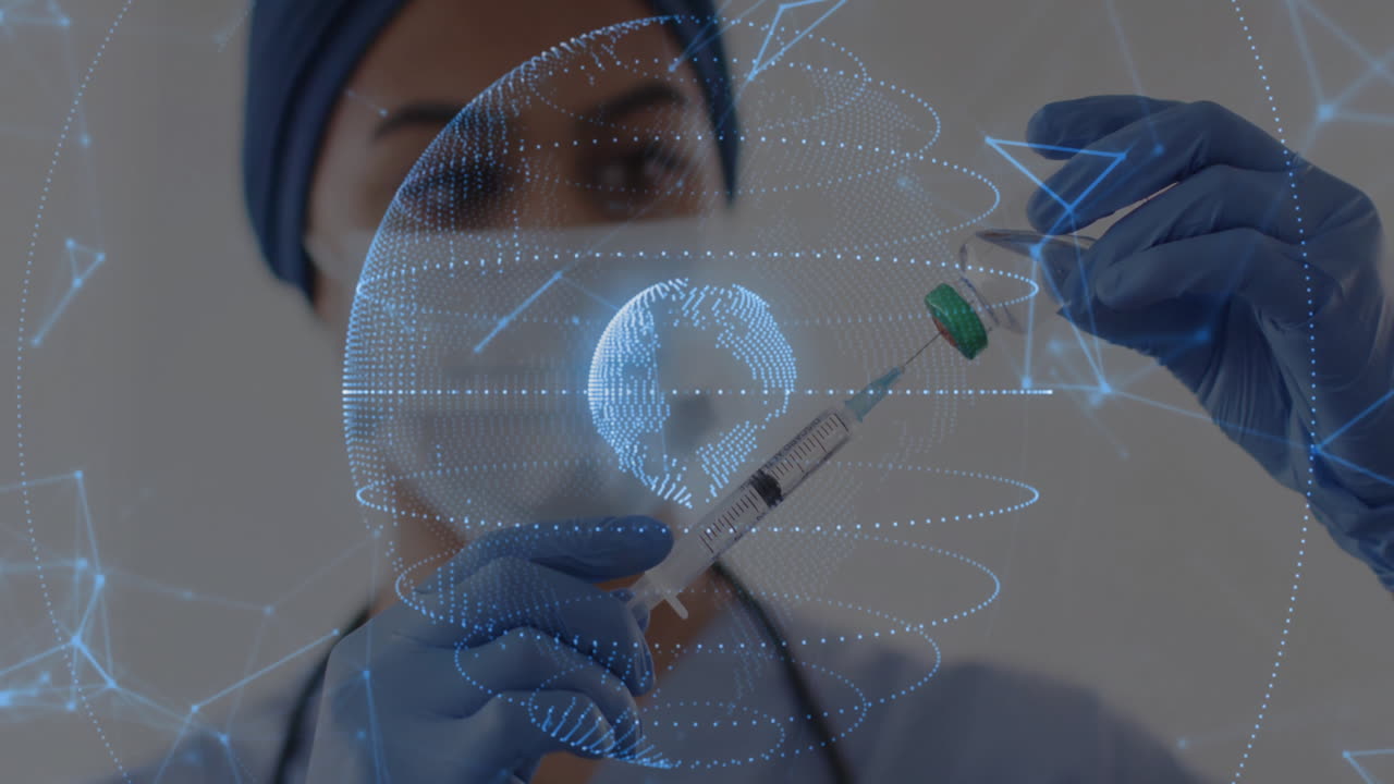 Preparing syringe, healthcare professional with digital globe and animation overlay