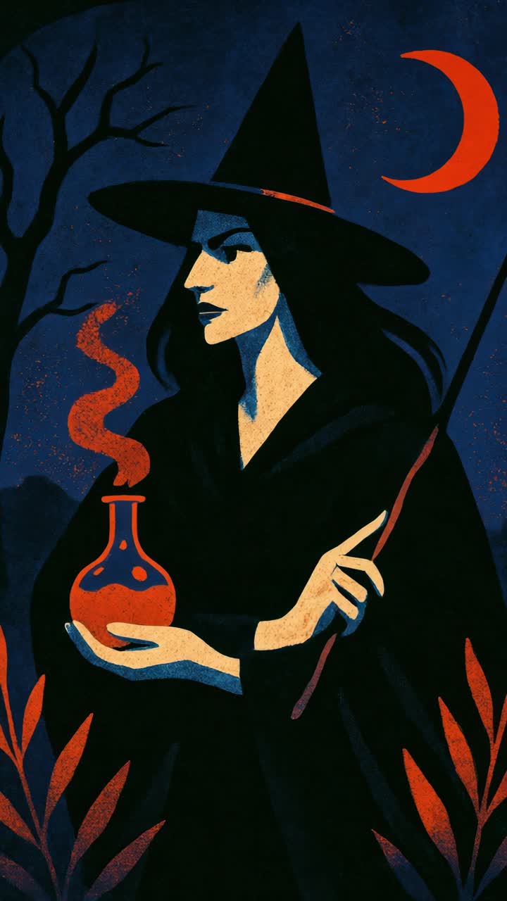 Illustration of a witch in profile view, holding a potion under a crescent moon