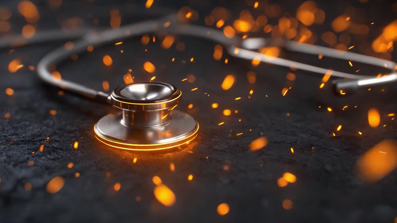 A Captivating Scene Featuring a Stethoscope Surrounded by Glowing Sparks on a Dark Background, Symbolizing Medicine and Innovation in Healthcare Technology