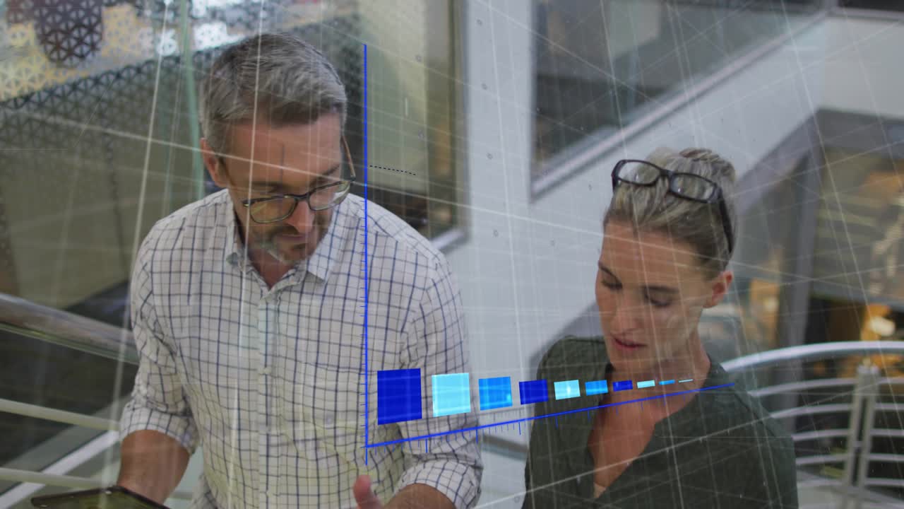 Man glancing tablet and initiating 3D bar chart growth as colleagues reviewing business metrics