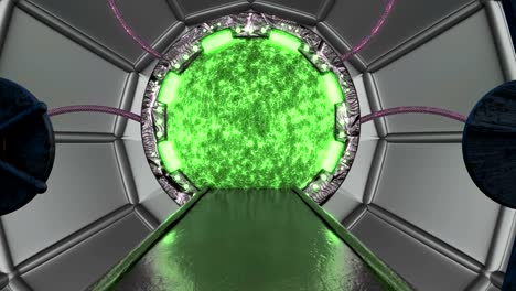 iron rusty hatch opens panoramic view to the spaceship landscape scene. 3d abstract background of sci-fi corridor with portal. futuristic technology abstract vj for tech titles and background.